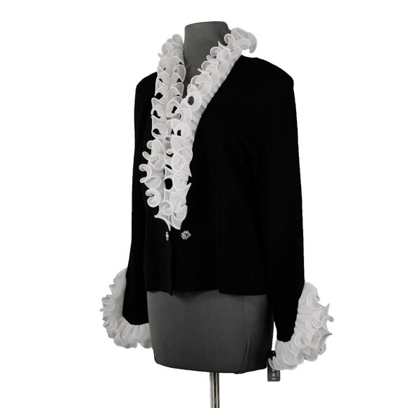 Terani $2100 Sz 12 Black White Ruffled Pleated Wool Rayon Jacket